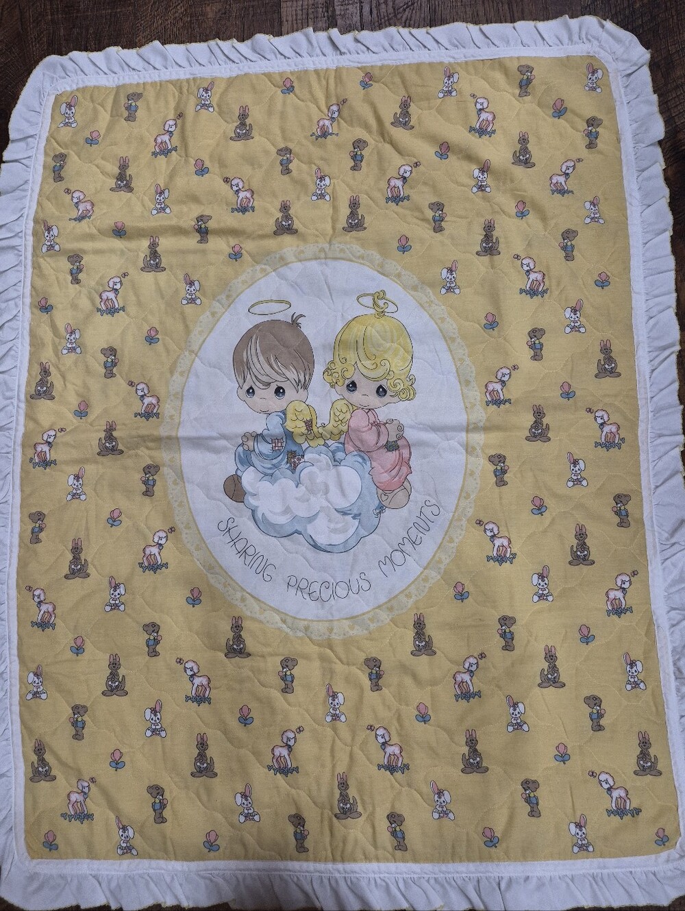 Vintage Precious Moments Baby Blanket Crib Quilt Lovey With Lace Trim